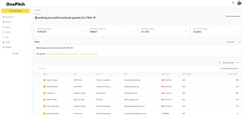 onepitch dashboard