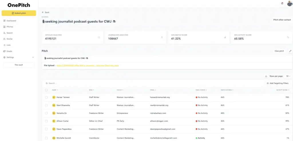 onepitch dashboard