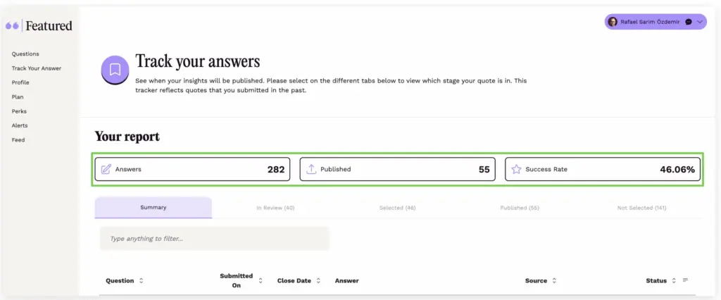 Featured.com dashboard