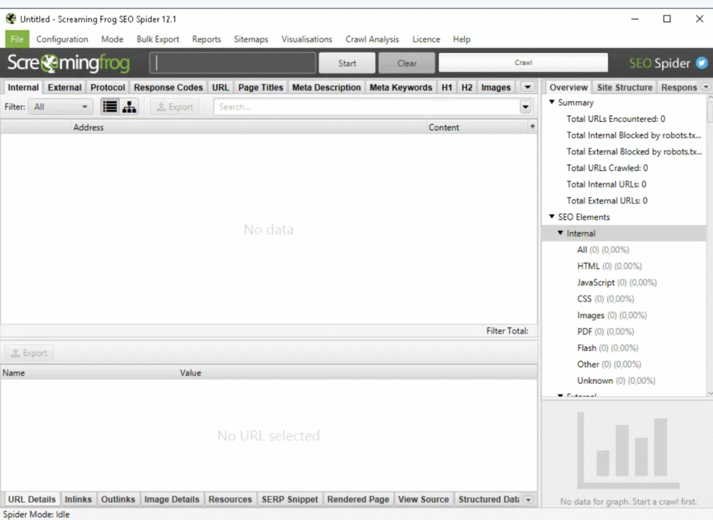 screaming frog dashboard overview