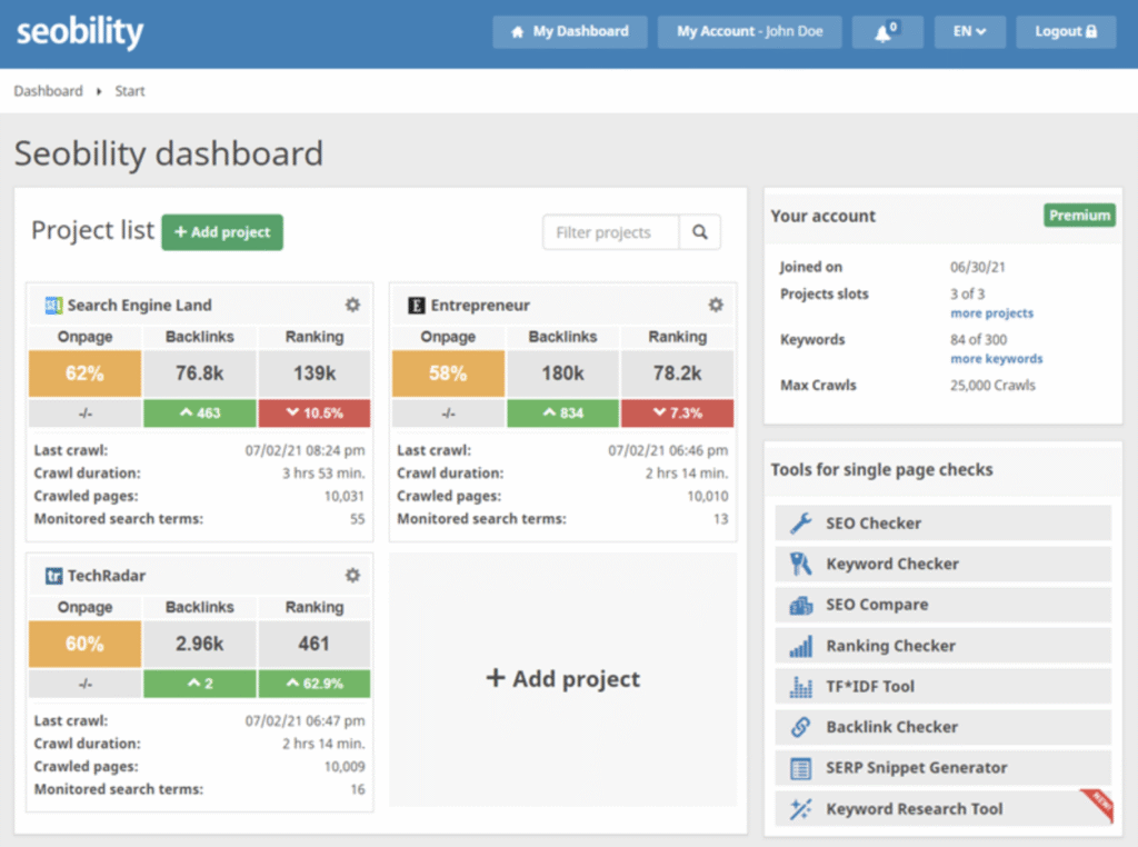Seobility dashboard