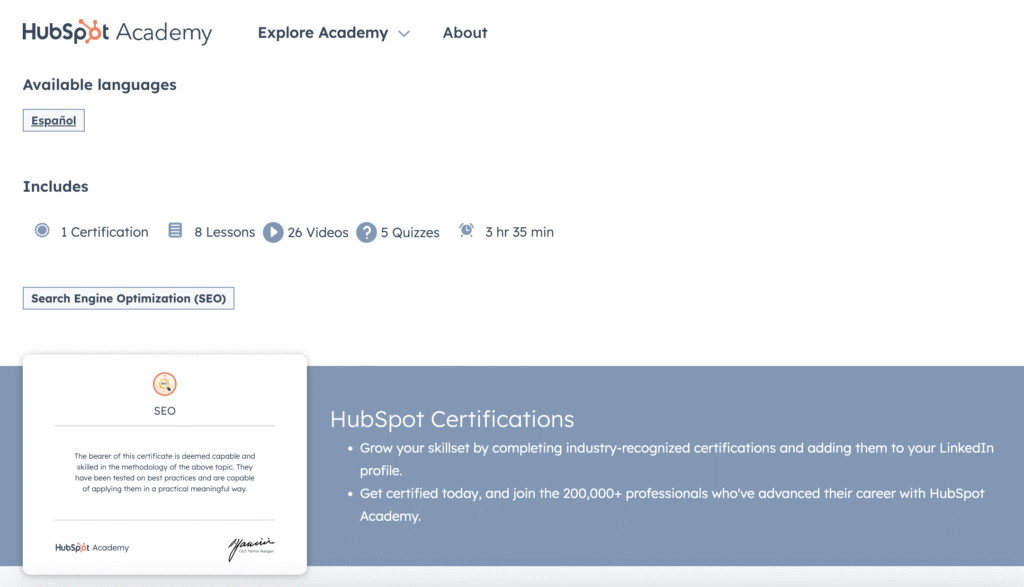 SEO Certification Course - Hubspot