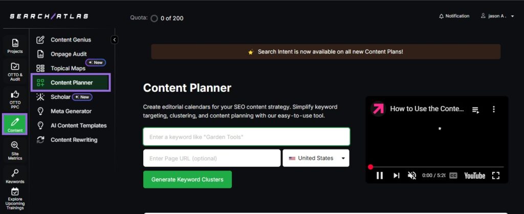 Search Atlas Content Planner tool step 1