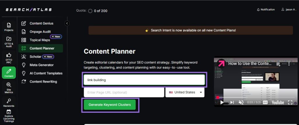 Search Atlas Content Planner tool step 2