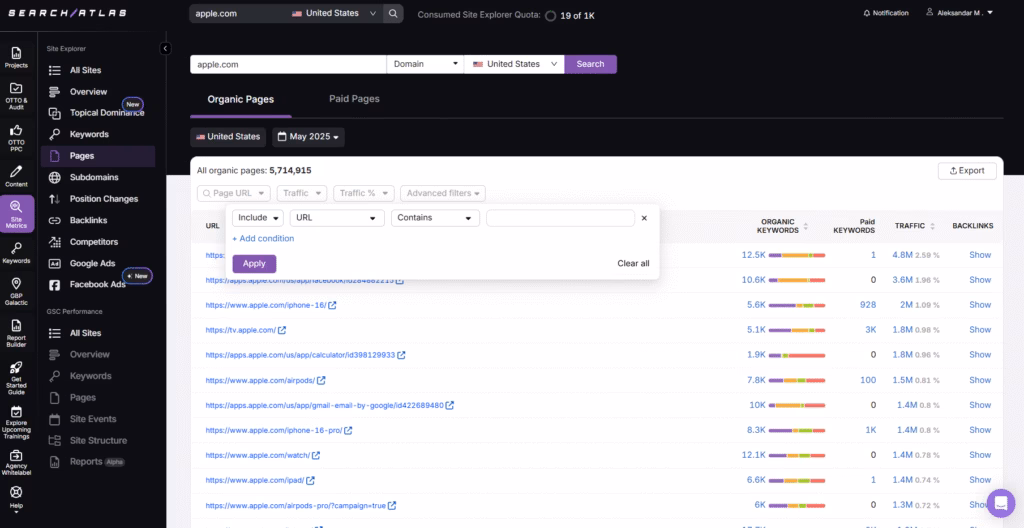 Search Atlas site audit page explorer page filters