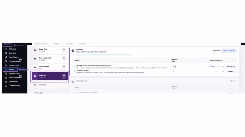 Site audit issues schema