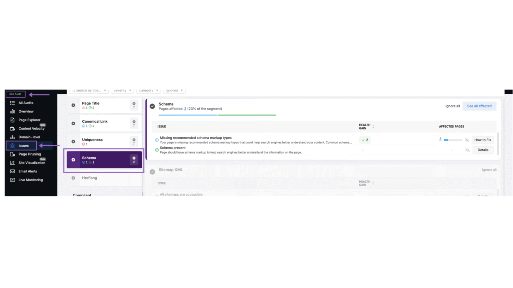 Site audit issues schema