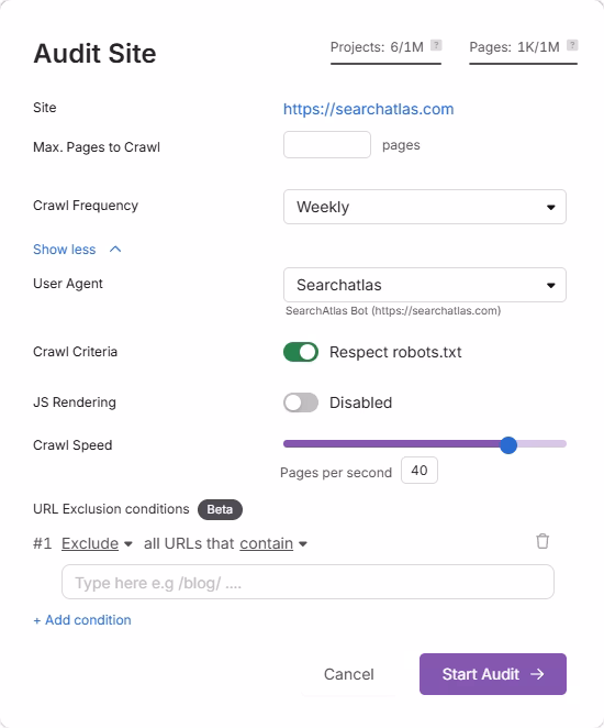 Set Up Site Audit in Search Atlas step 2