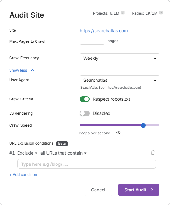 Set Up Site Audit in Search Atlas step 2
