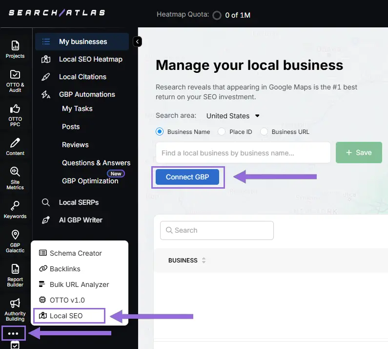 Set Up GBP Project in Search Atlas step 1