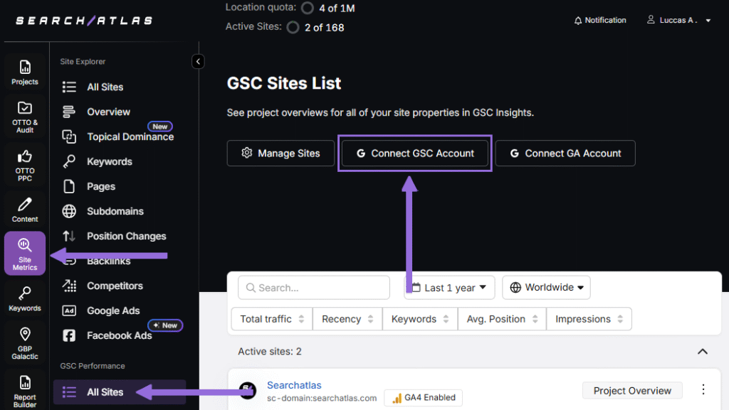 search atlas Connect GSC Account step 1