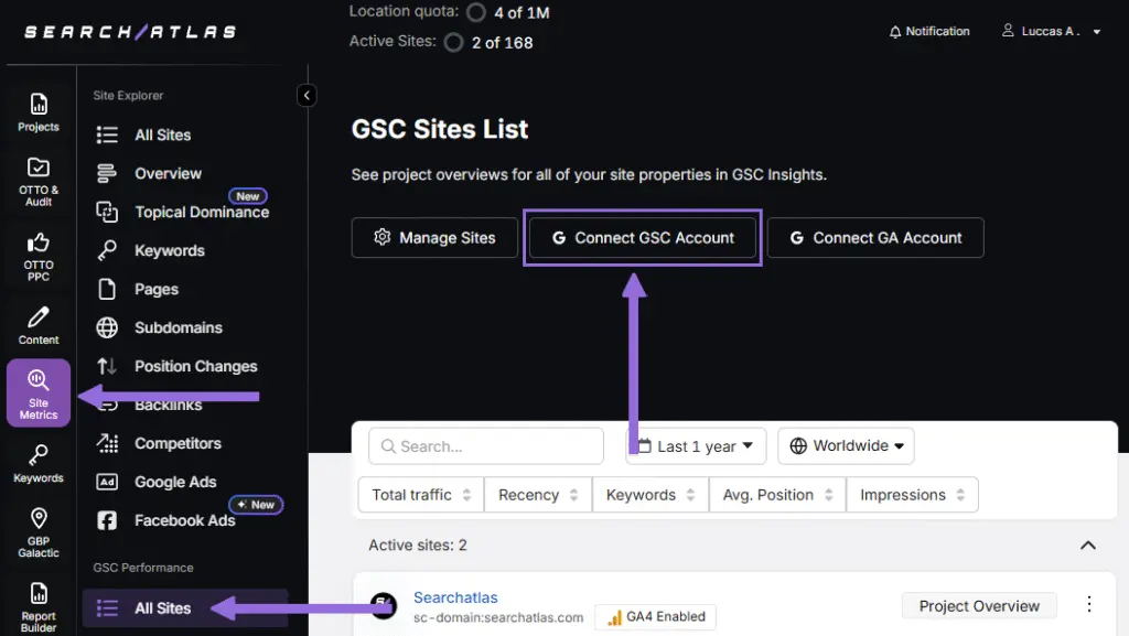 search atlas Connect GSC Account step 1