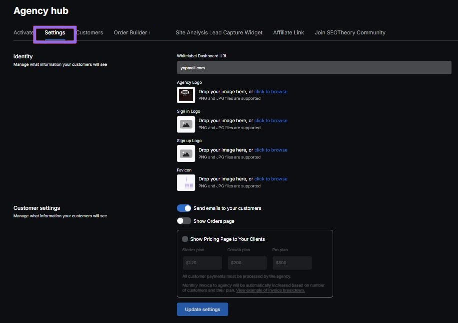 agency hub settings