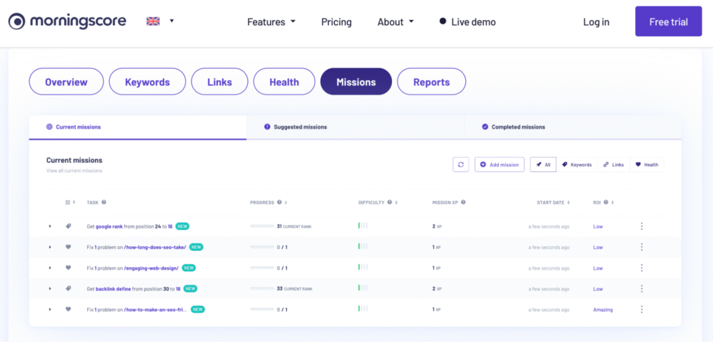missions dashboard in morningscore