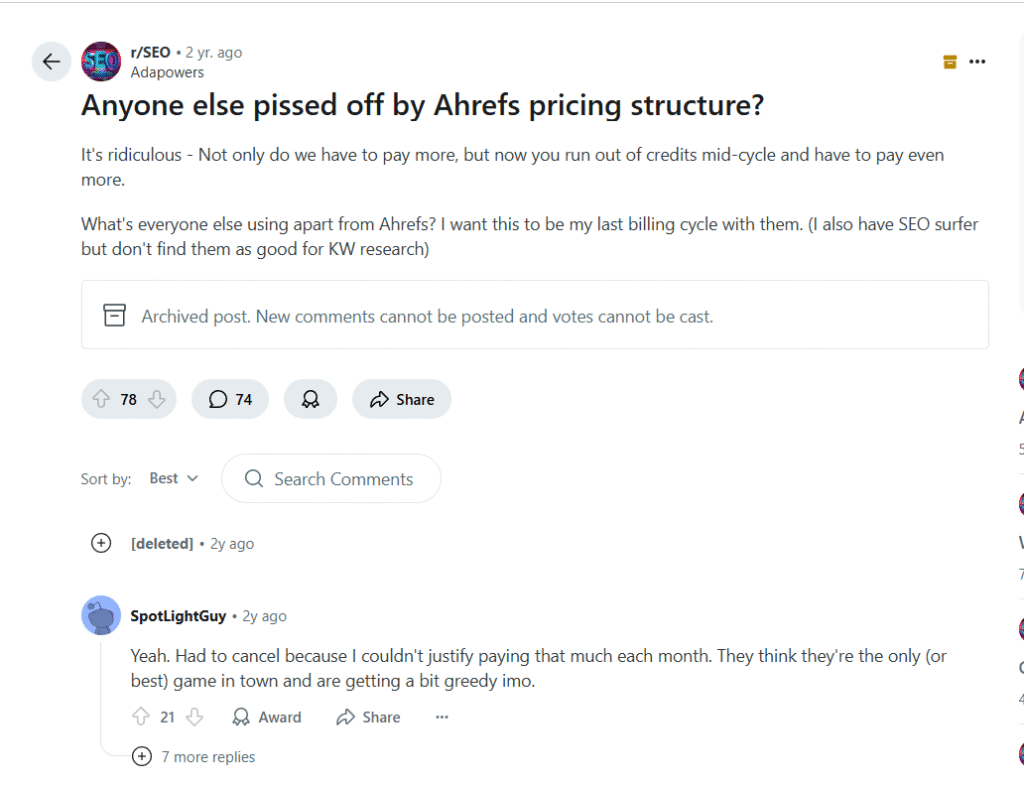Reddit users on Ahrefs pricing structure
