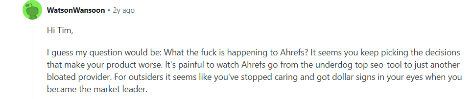 Concerns about Ahrefs lack of innovation among Reddit users