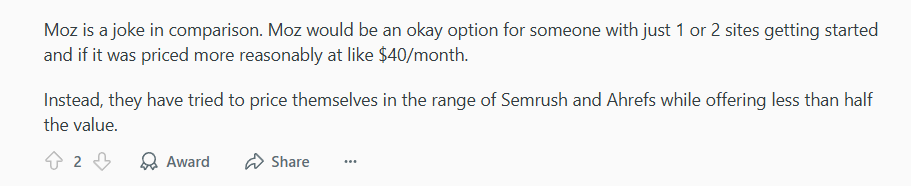 Reddit users on Moz offering less for more