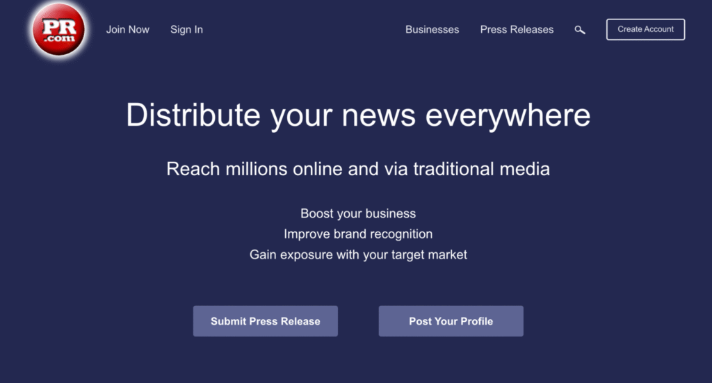 PR.com website dashboard