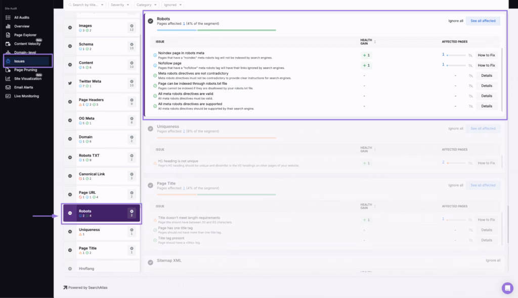 search atlas site audit issues with robots
