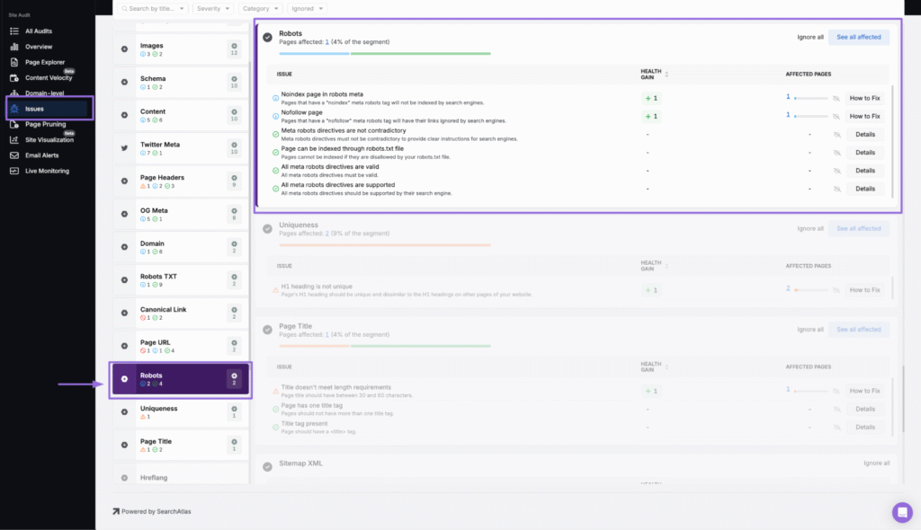 search atlas site audit issues with robots