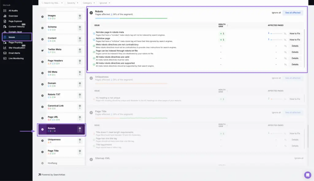 search atlas site audit issues with robots