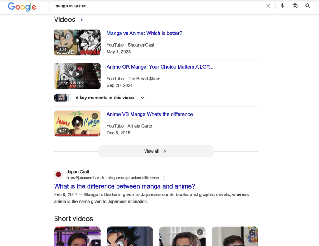 video elements in google search