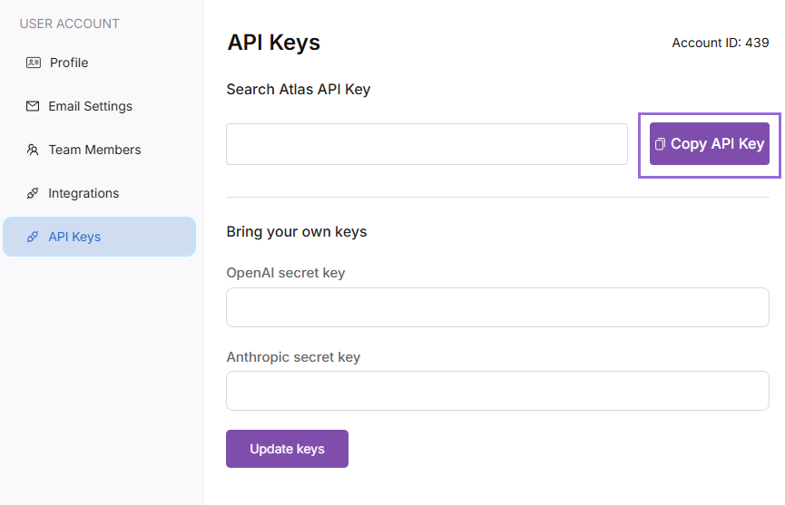 search atlas profile copy api key