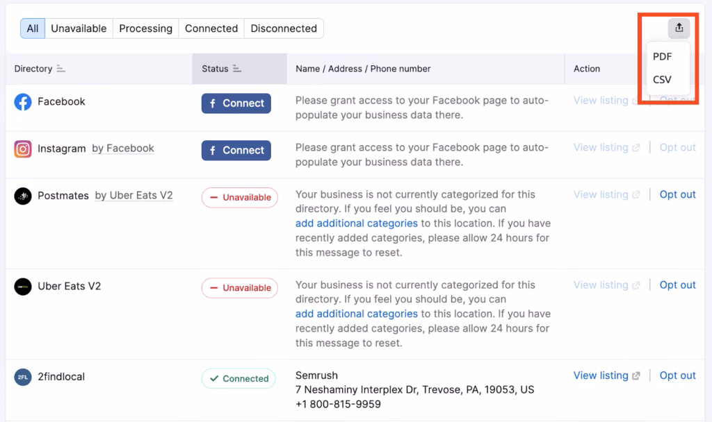 semrush export listings