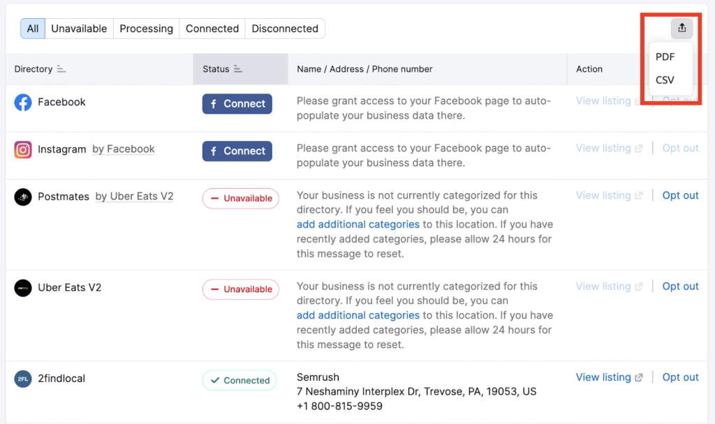 semrush export listings