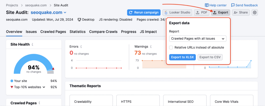 semrush export site audit 1