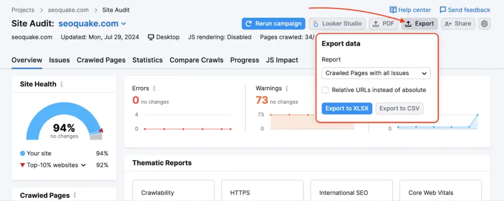 semrush export site audit 1