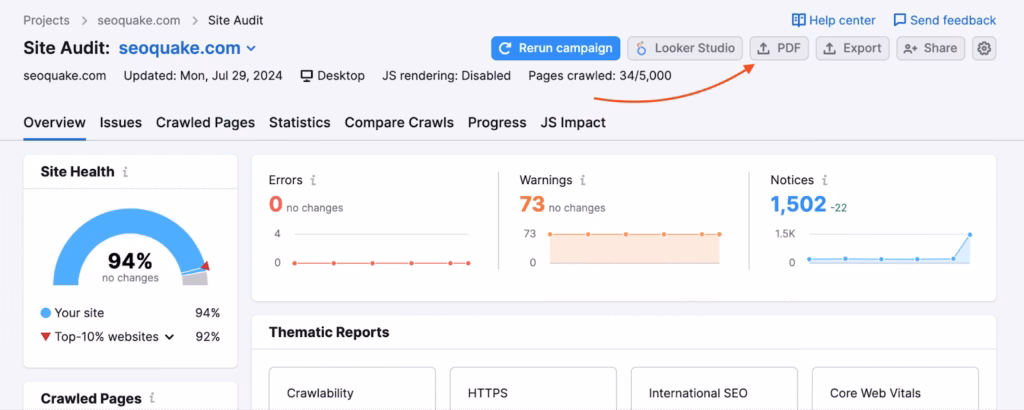 semrush export site audit 2