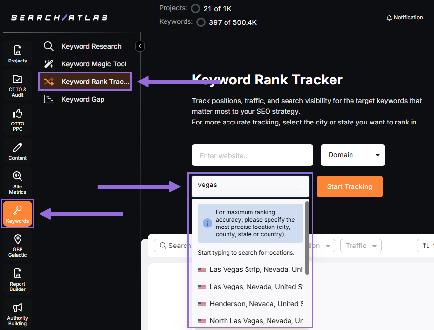 set up local keyword rank tracker search atlas step 1