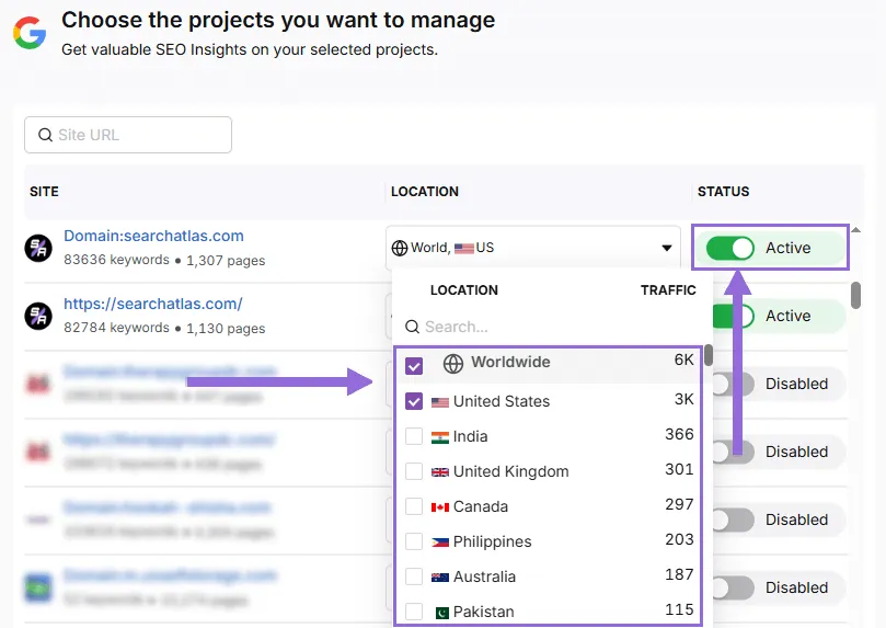 A slider will appear showing all imported GSC properties (they are disabled by default). Find your domain and then click Enable.