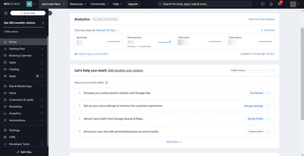 wix dashboard