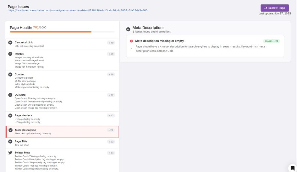On page audit meta description issues