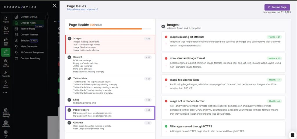 On page audit tool header recommendation