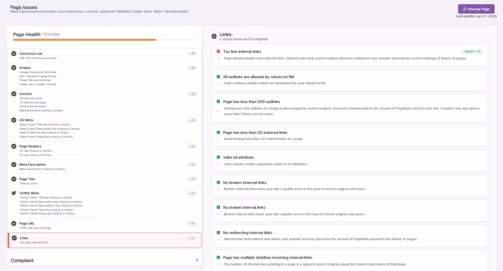 Onpage Audit tool link issues
