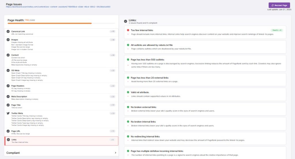 Onpage Audit tool link issues