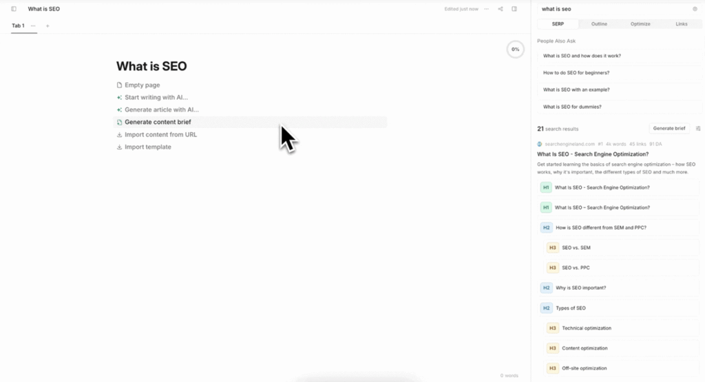 frase io content briefs feature