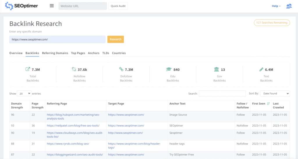 SEOptimer Backlink Research tool
