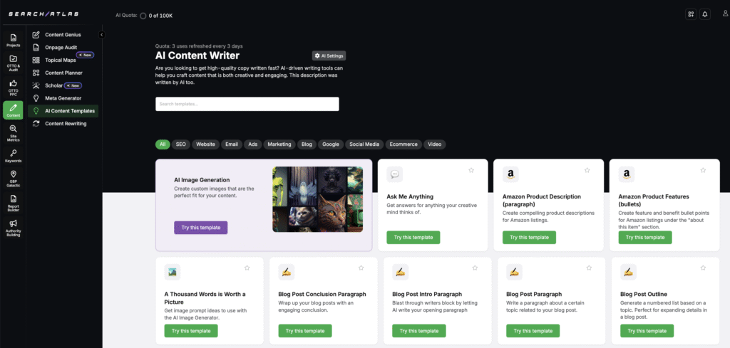 Search Atlas AI Content Templates tool