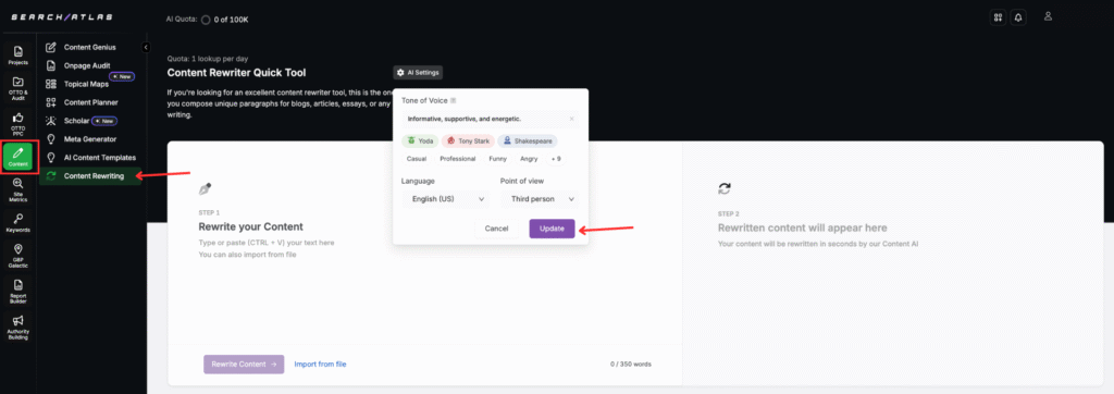 Search Atlas Content Rewriting Tool