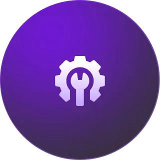 Wrench inside gear icon on purple circular background