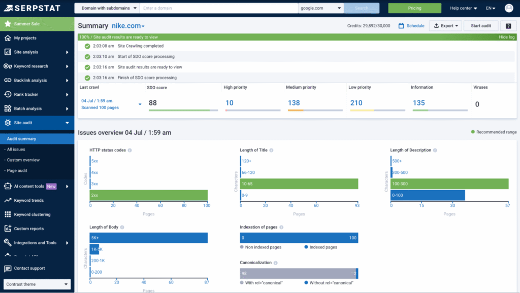 audit summery in serpstat
