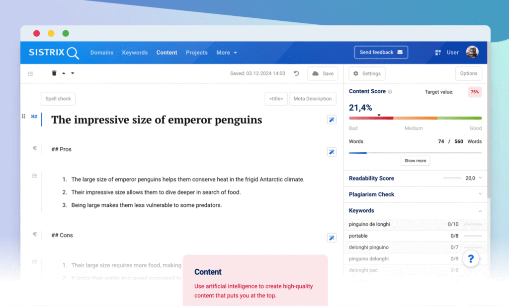 the content assistant in SISTRIX SEO tool