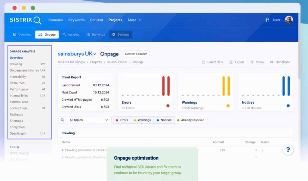 SISTRIX onpage analysis
