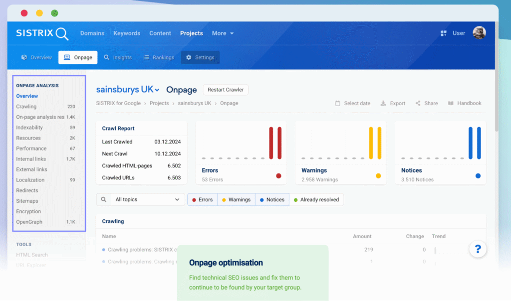 SISTRIX onpage analysis