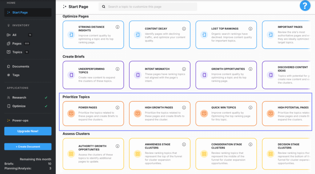 content planning feature in marketmuse