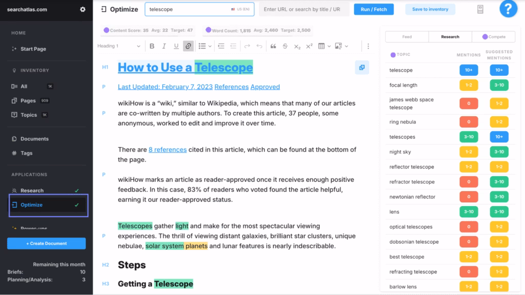 the optimize feature in marketmuse